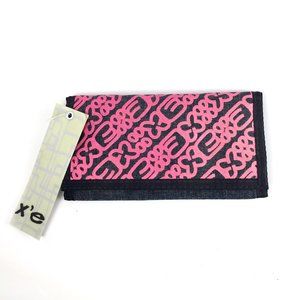 Long Denim Foldable Wallet with pink print, x'e brand, New with Tags